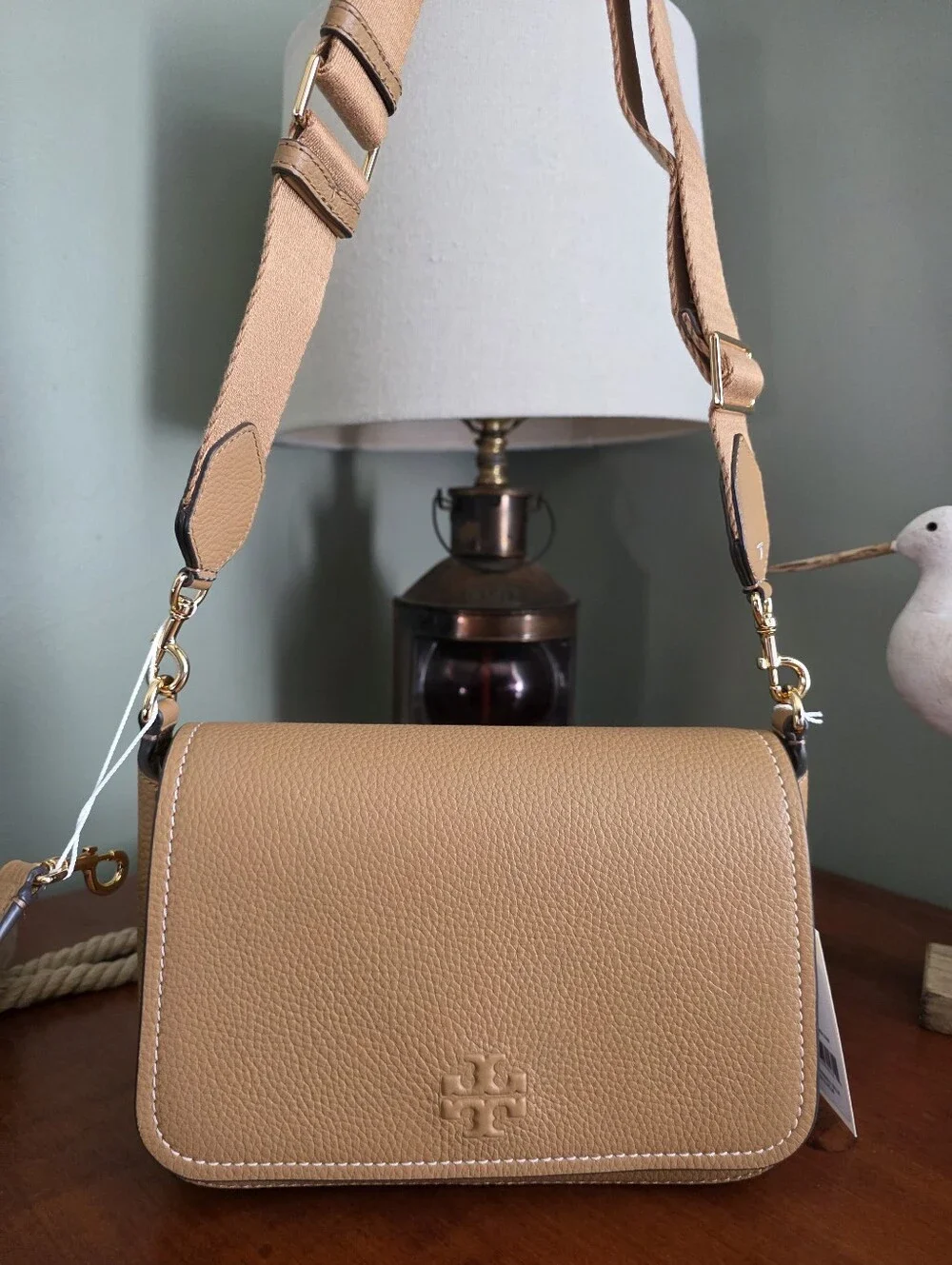 Tory Burch Thea Flap Crossbody Tiramisu Pebbled Leather Bag NWT